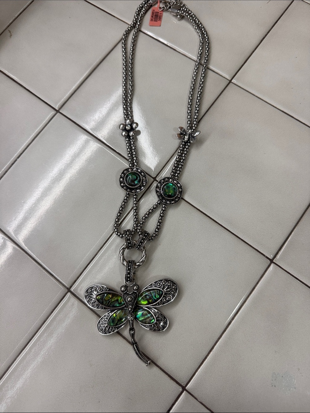 Silver-Tone Dragonfly Necklace with Green Abalone Inlay